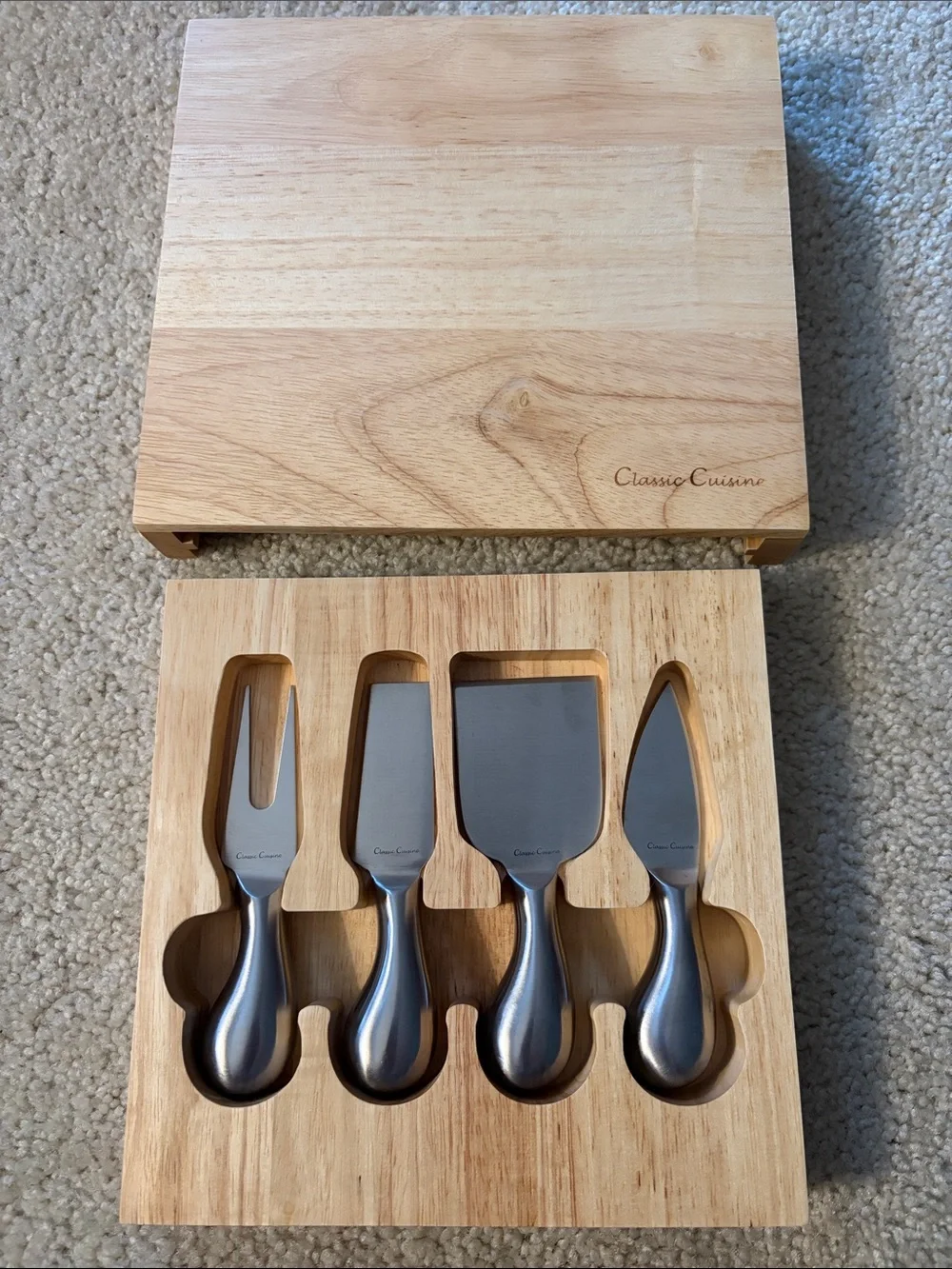 Classic Cuisine 5 Piece Cheese Board Set W/ Stainless Steel Tools & Wood Block